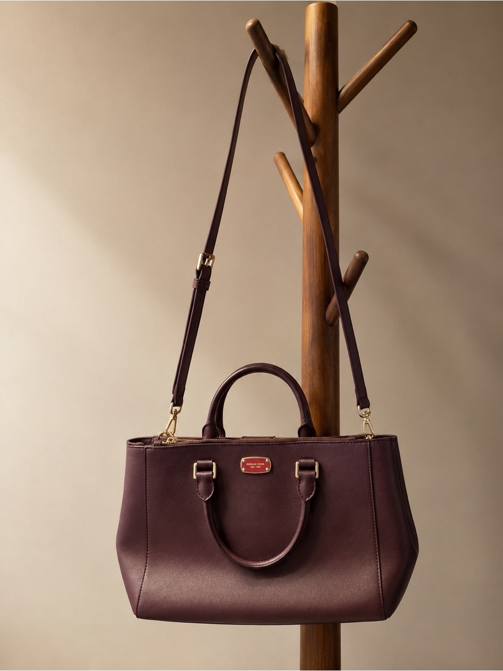Michael Kors Plum Saffiano Leather Satchel with Top Handles and Shoulder Strap